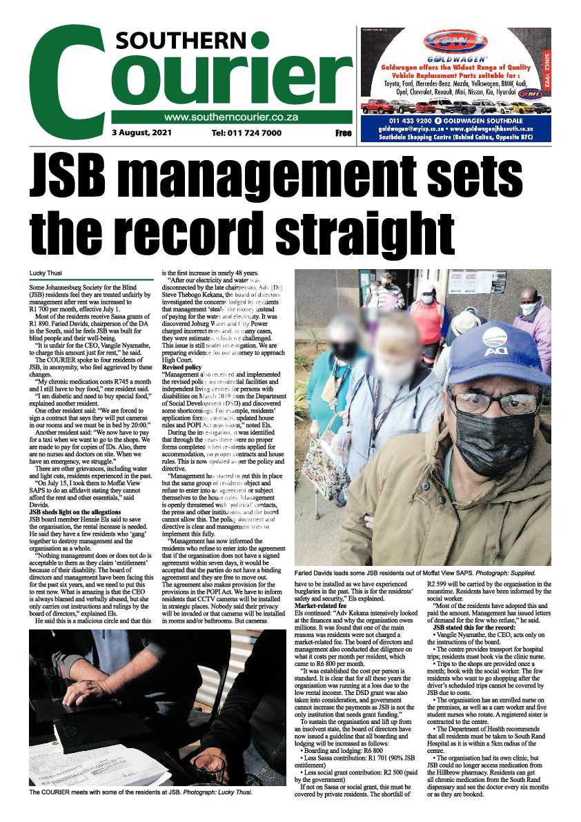 Southern Courier 03 August 2021 page 1