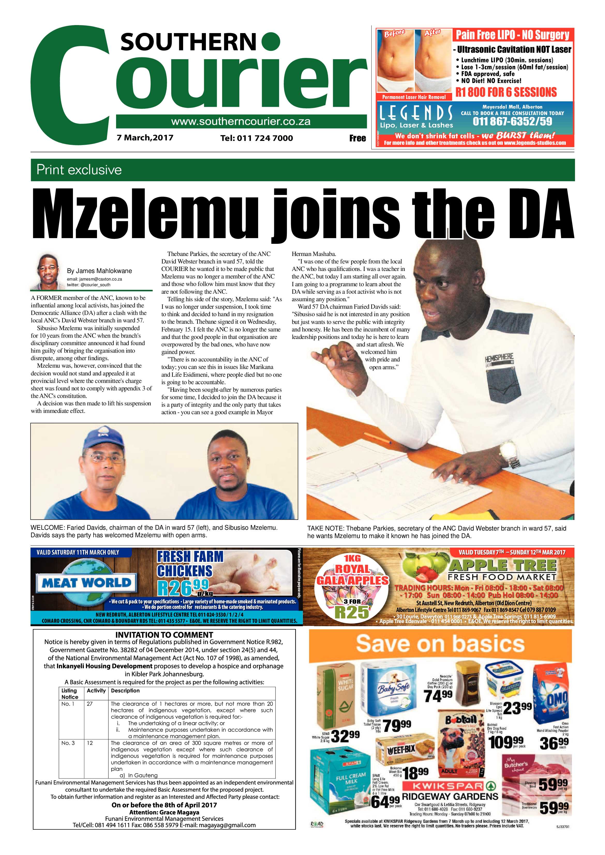 Southern Courier 07 March 2017 page 1