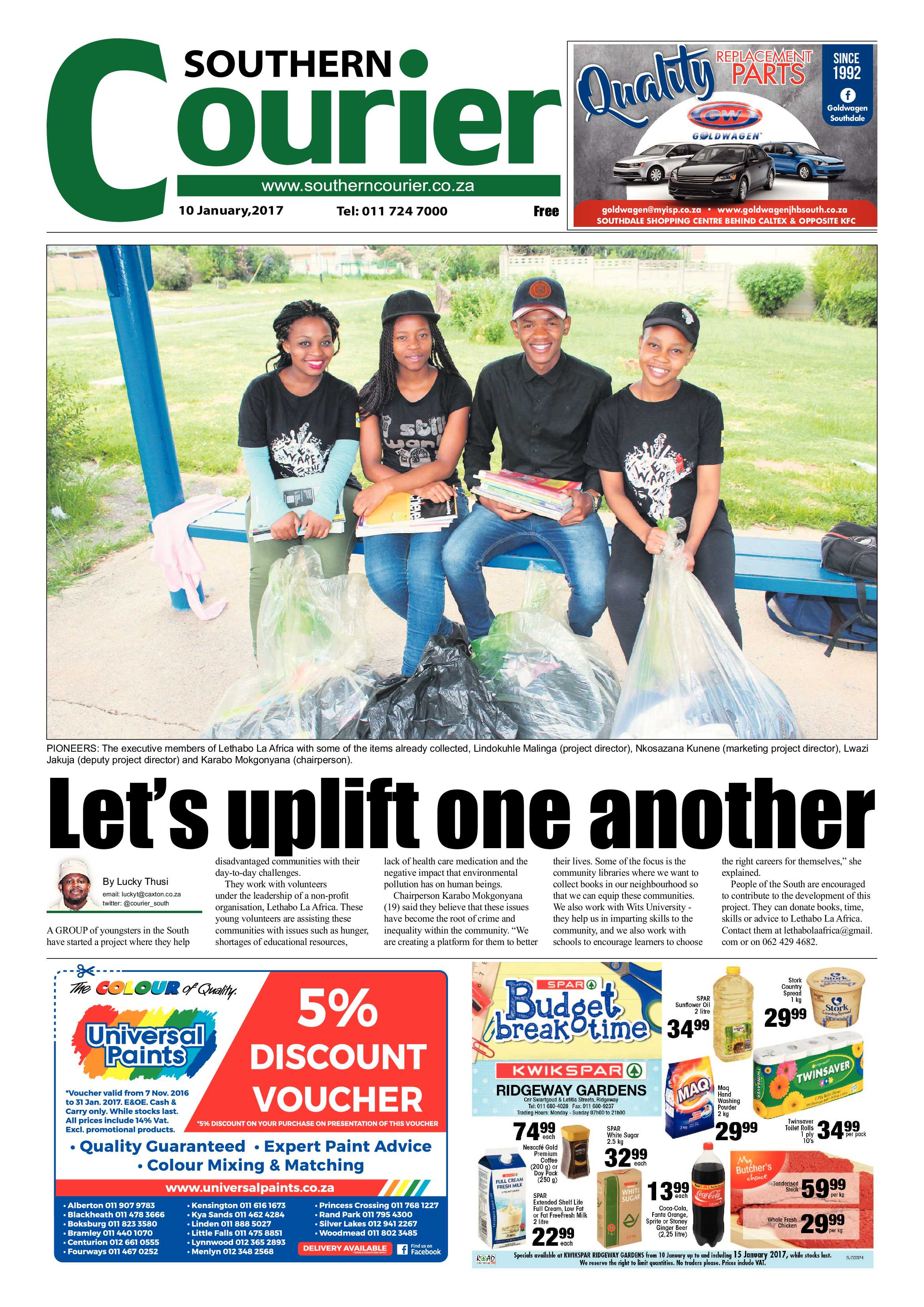 Southern Courier 10 January 2017 page 1
