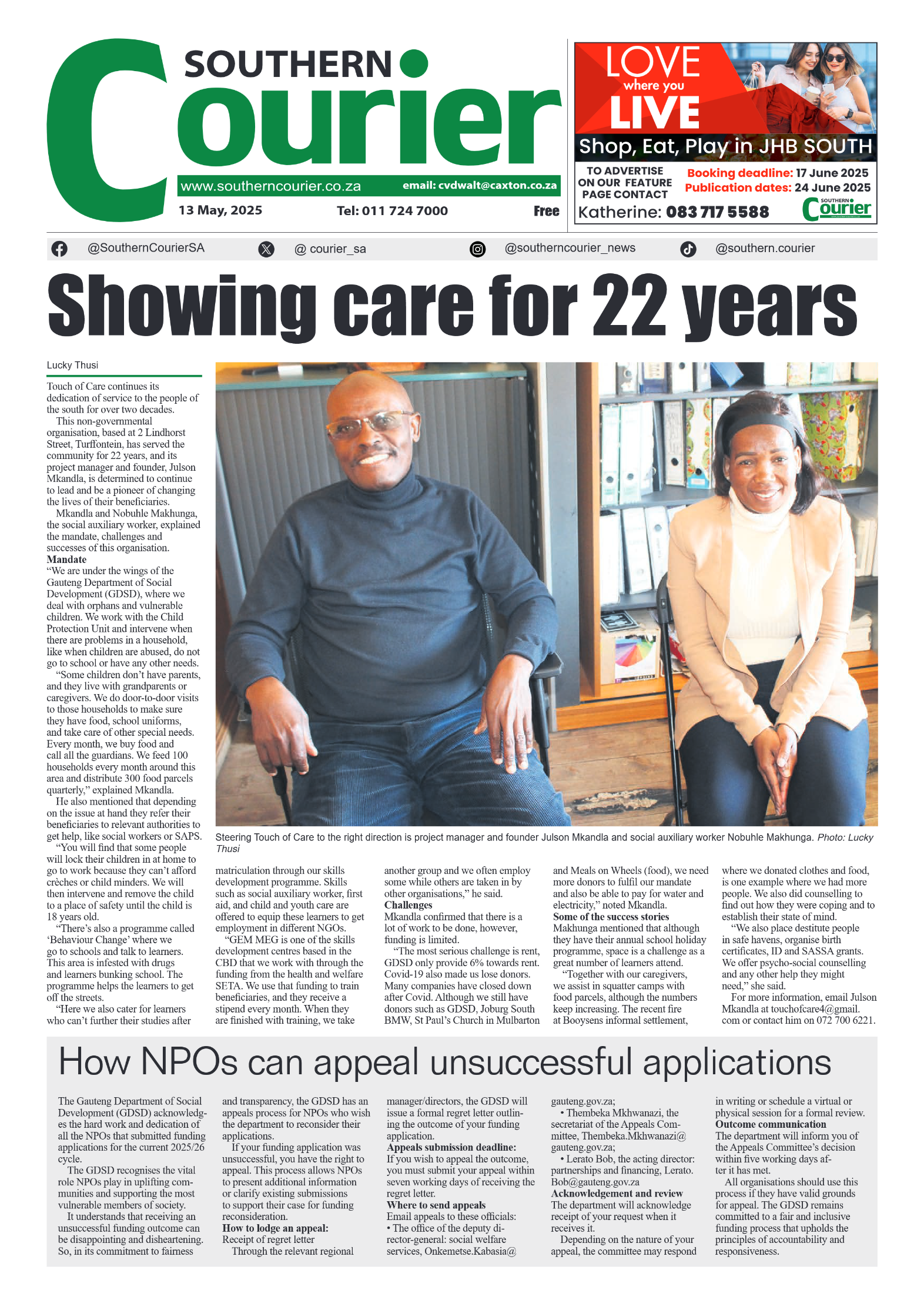 Southern Courier 13 May 2025 page 1