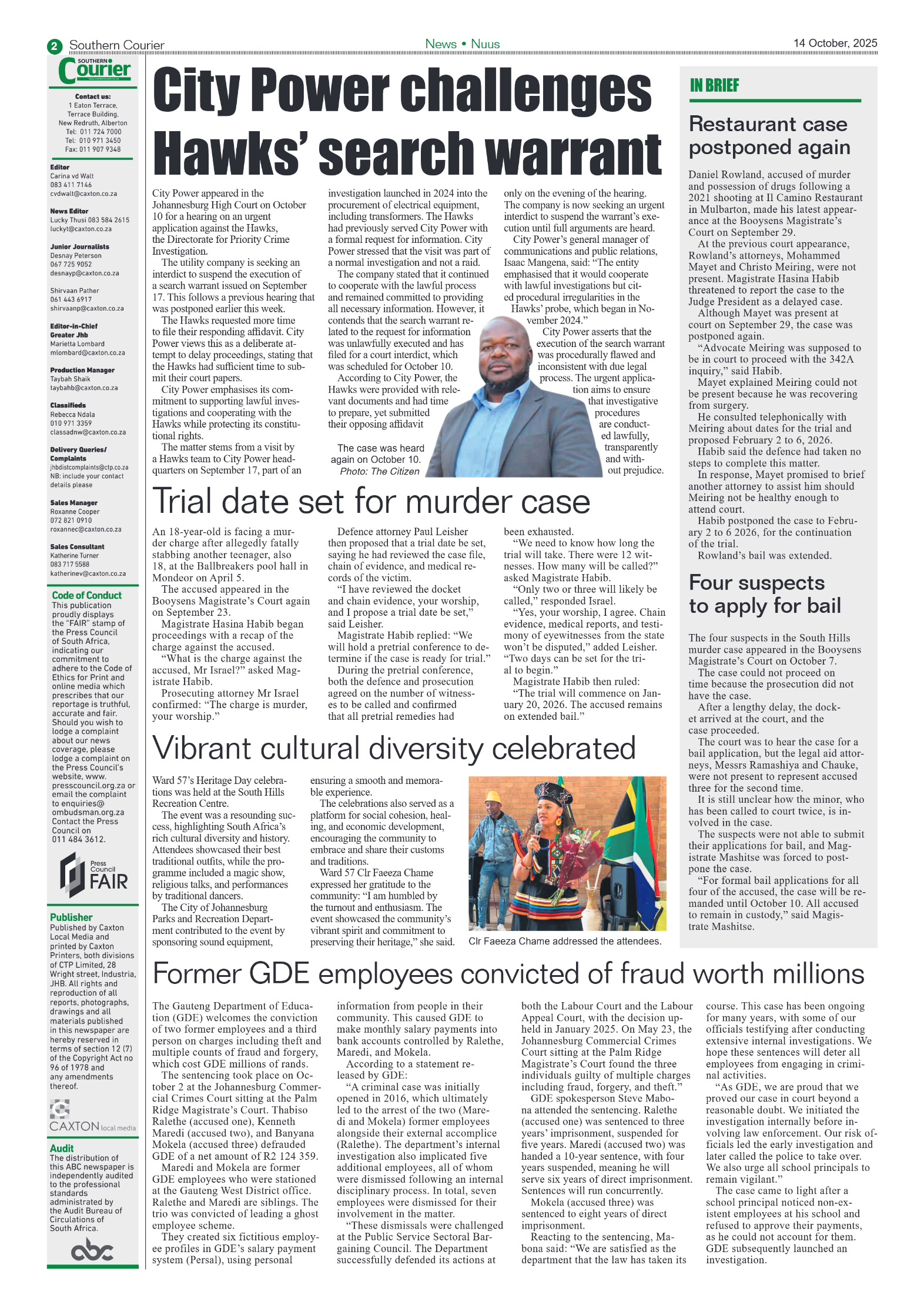 Southern Courier 14 October 2025 page 2