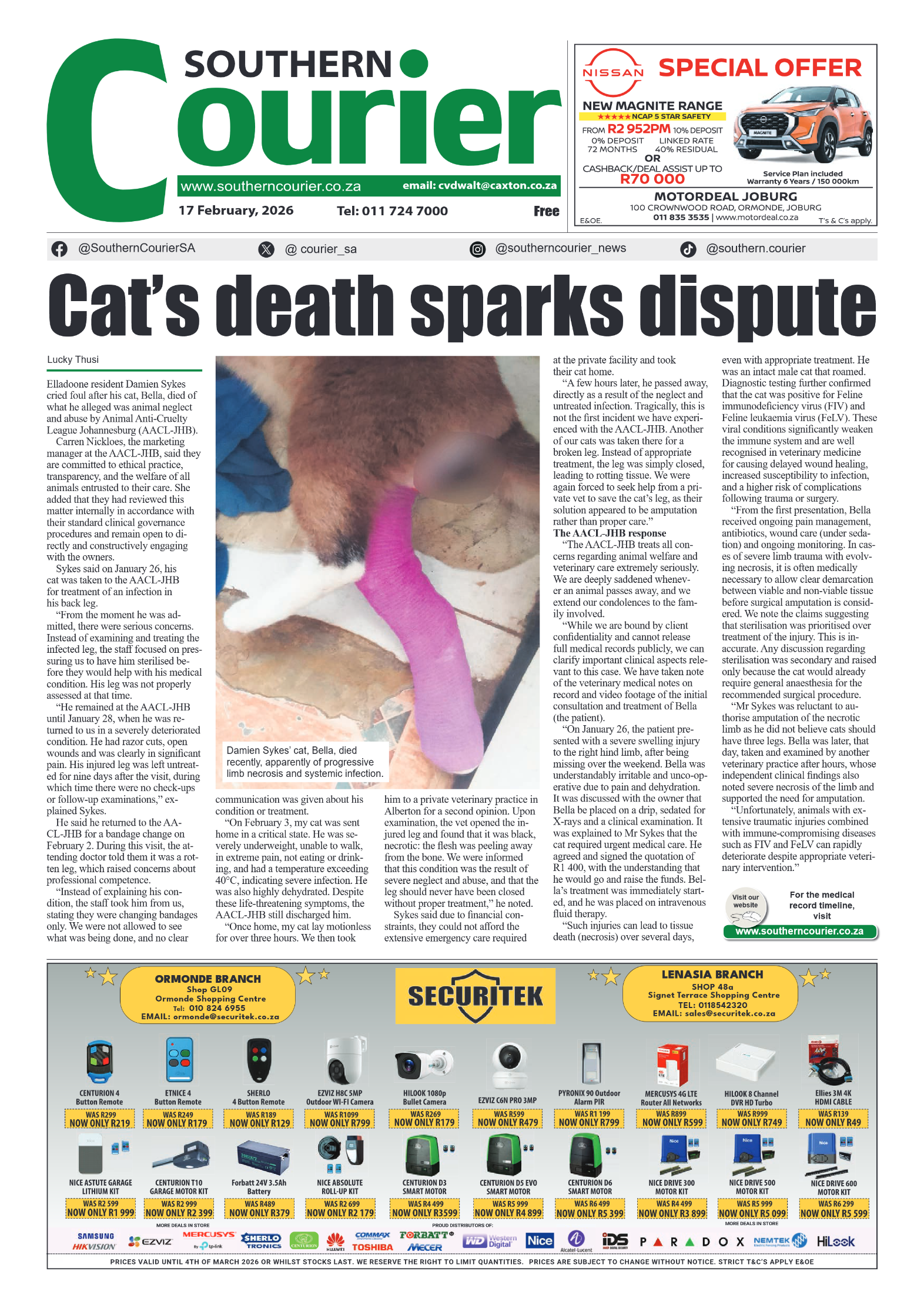 Southern Courier 17 February 2026 page 1