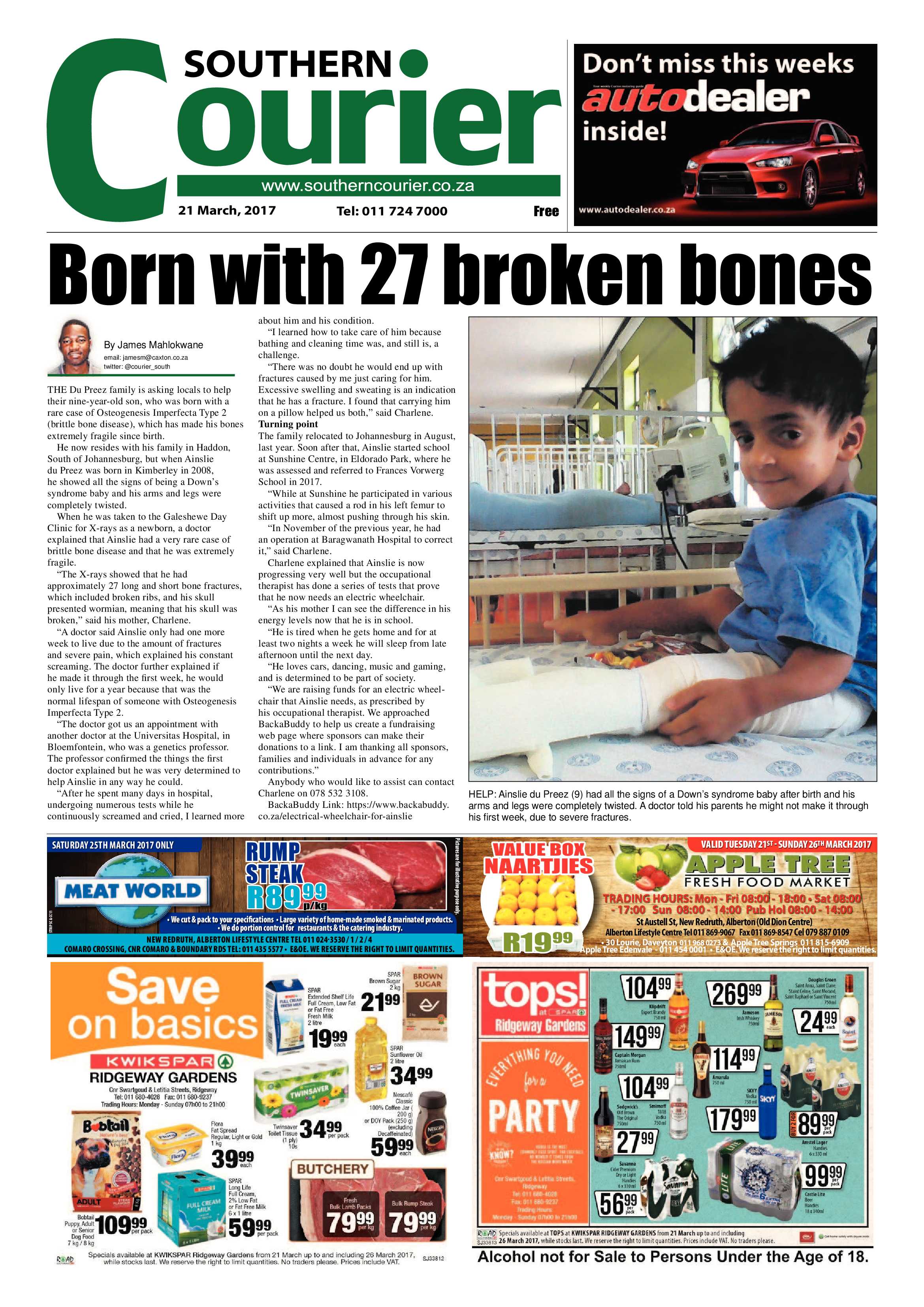 Southern Courier 21 March 2017 page 1