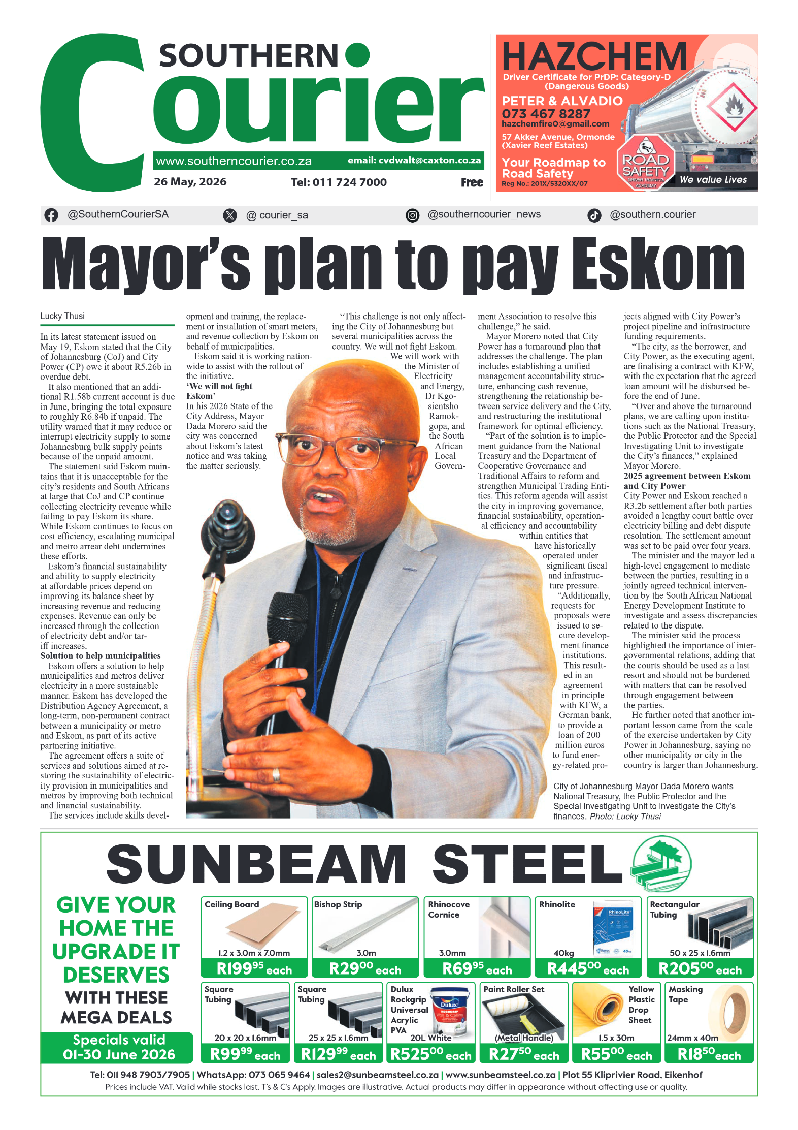 Southern Courier 26 May 2026 page 1