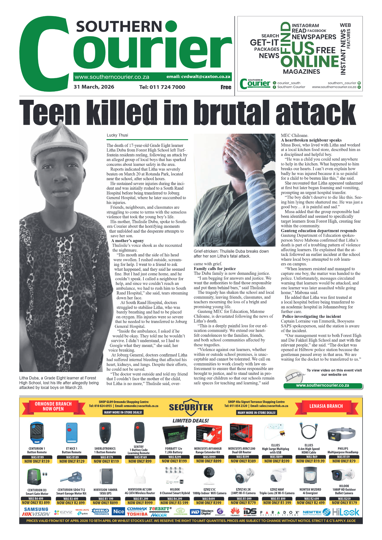 Southern Courier 31 March 2026 page 1